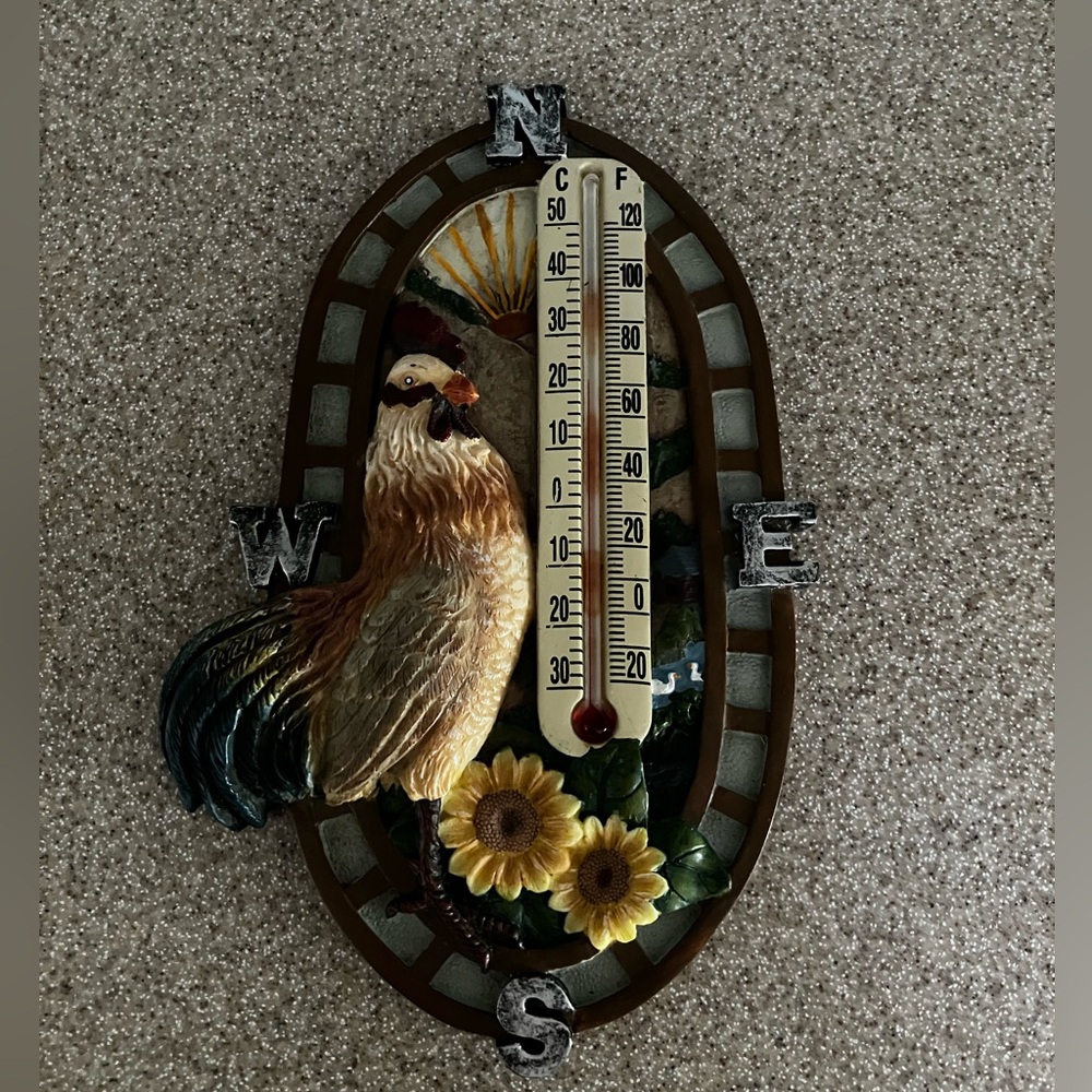 Rooster Wall Thermometer with Sunflower Design